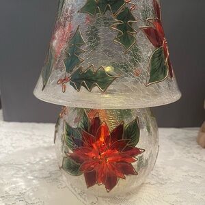 Festive Crackle Glass Fairy Lamp with Poinsettia Design